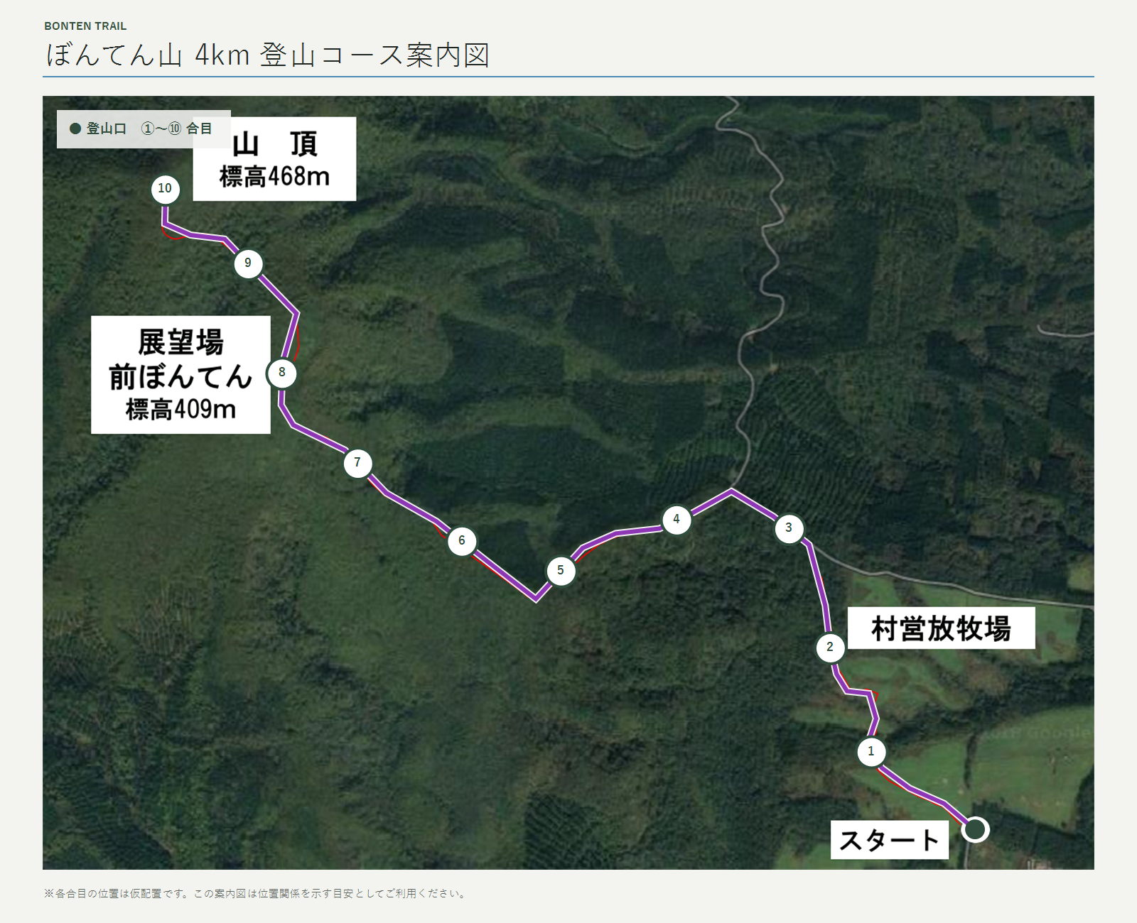 ぼんてん山4km登山コース案内図。1合目から頂上を選択できます
